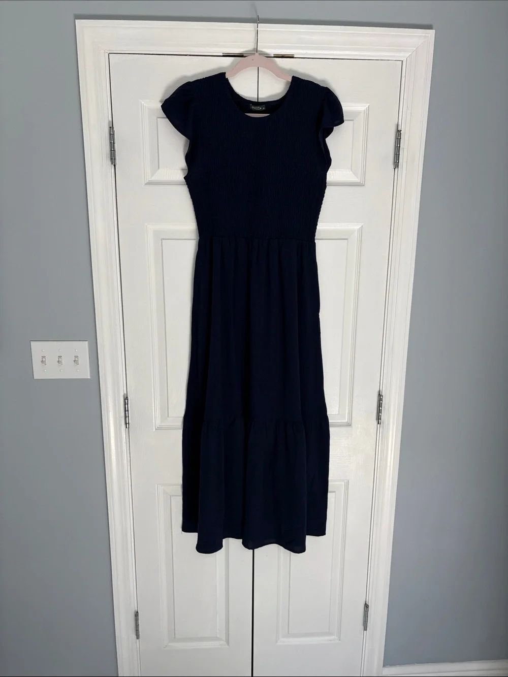 Smocked Bodice Navy Maxi Dress with Flutter Sleeves